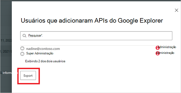 Captura de ecrã a mostrar a exportação da auditoria da aplicação OAuth.