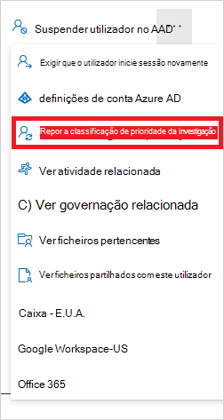 Captura de ecrã a mostrar a ligação Repor classificação de prioridade de investigação.