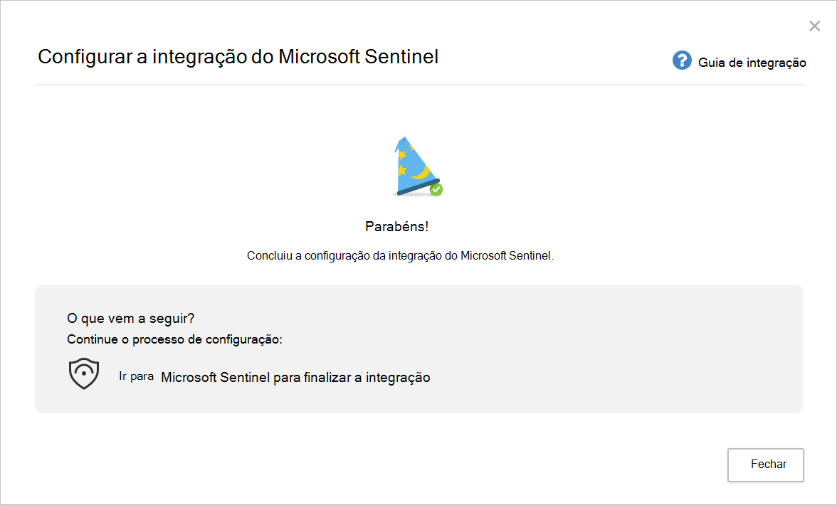 Captura de ecrã a mostrar a página de conclusão de Configurar Microsoft Sentinel integração.