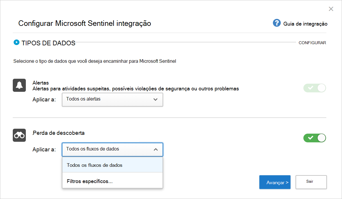 Captura de ecrã a mostrar a página inicial de Configurar Microsoft Sentinel integração.