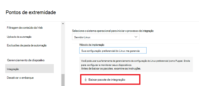 A opção Transferir pacote de inclusão