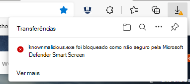 Captura de tela mostrando como o SmartScreen detecta um download de arquivo com uma reputação insegura; o download está bloqueado.