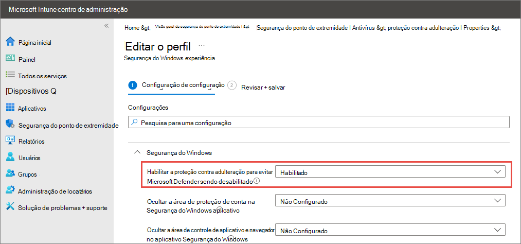 Captura de tela mostrando Segurança do Windows configurações com a proteção contra adulteração habilitada.