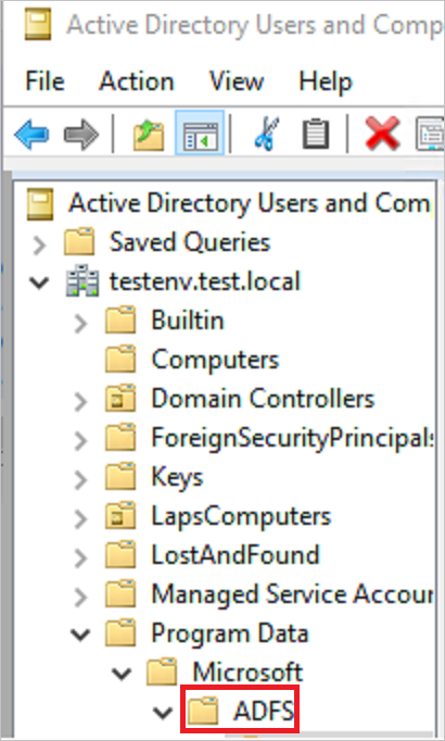 Captura de tela de um contêiner para os Serviços de Federação do Active Directory.