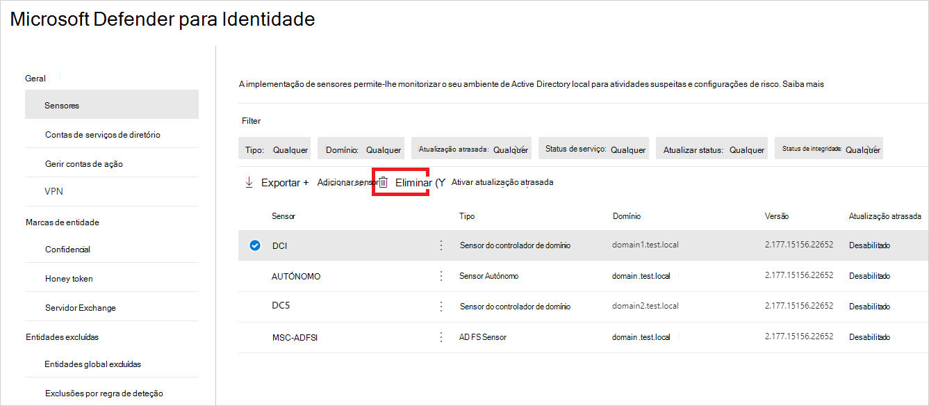 Eliminar o sensor órfão do Defender para Identidade da página de sensores