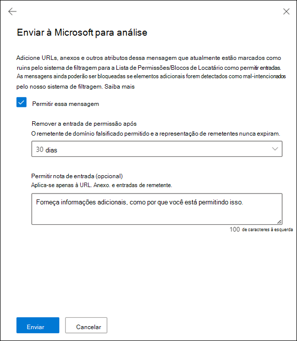 Escolha se pretende criar uma entrada de permissão correspondente para os elementos da mensagem na Lista de Permissões/Bloqueios do Inquilino.