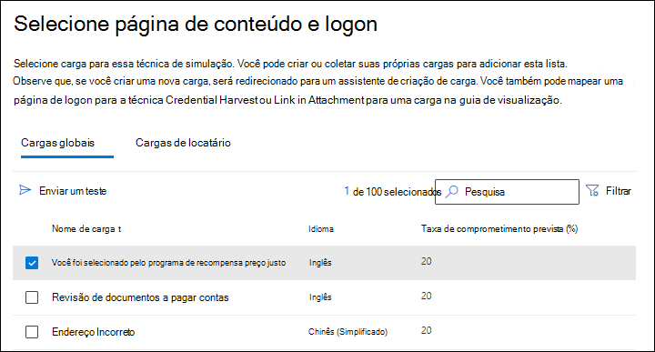 O separador Payloads globais na página Selecionar payload com um payload selecionado e a ação Enviar um teste no Treinamento de simulação de ataque.