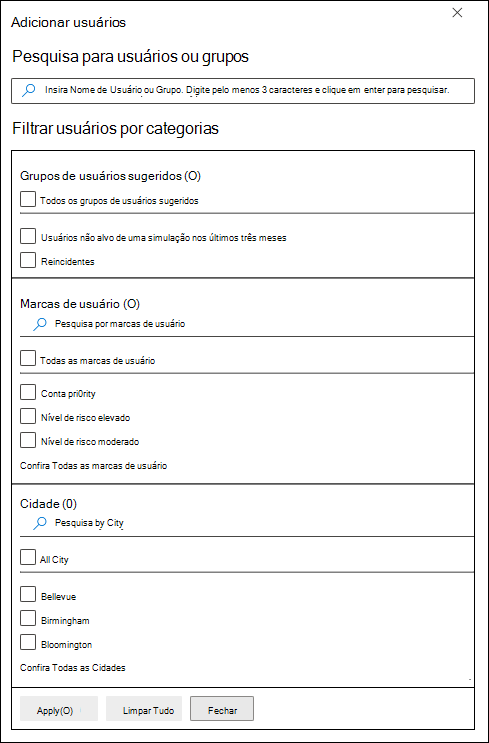 A filtragem utilizador na página Utilizadores de destino em Formação de simulação de ataques no portal do Microsoft Defender.