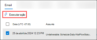 Captura de ecrã a mostrar a vista de Email (separador) da tabela de detalhes com uma mensagem selecionada e Tomar medidas ativas.