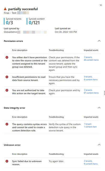 Captura de ecrã a mostrar o painel do lado dos resultados da sincronização.