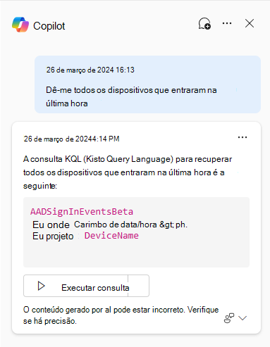 Captura de tela do botão Copilot mostrando Adicionar a consulta ao editor de consultas e executar.