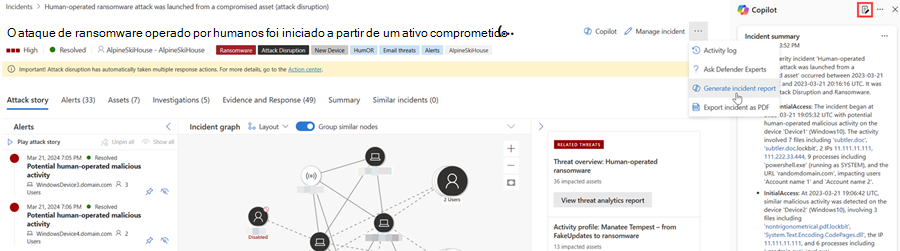 Captura de tela realçando os botões Gerar relatório de incidentes e do ícone de relatório na página do incidente.