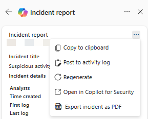 Captura de tela de ações adicionais no cartão de resultados do relatório de incidentes.