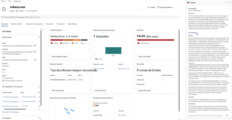 Captura de tela dos resultados da análise de arquivo do Copilot no Defender com a opção Ocultar detalhes realçada.