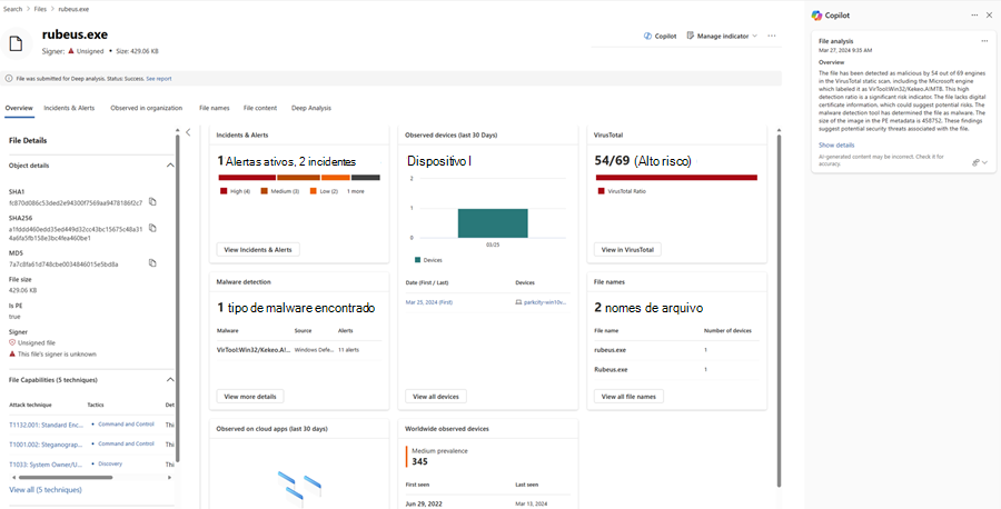 Captura de tela dos resultados da análise de arquivo do Copilot no Defender com a opção Mostrar detalhes realçada.