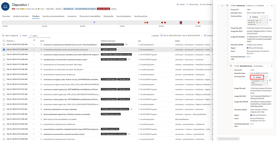 Captura de ecrã a mostrar o botão Analisar na linha do tempo do dispositivo.