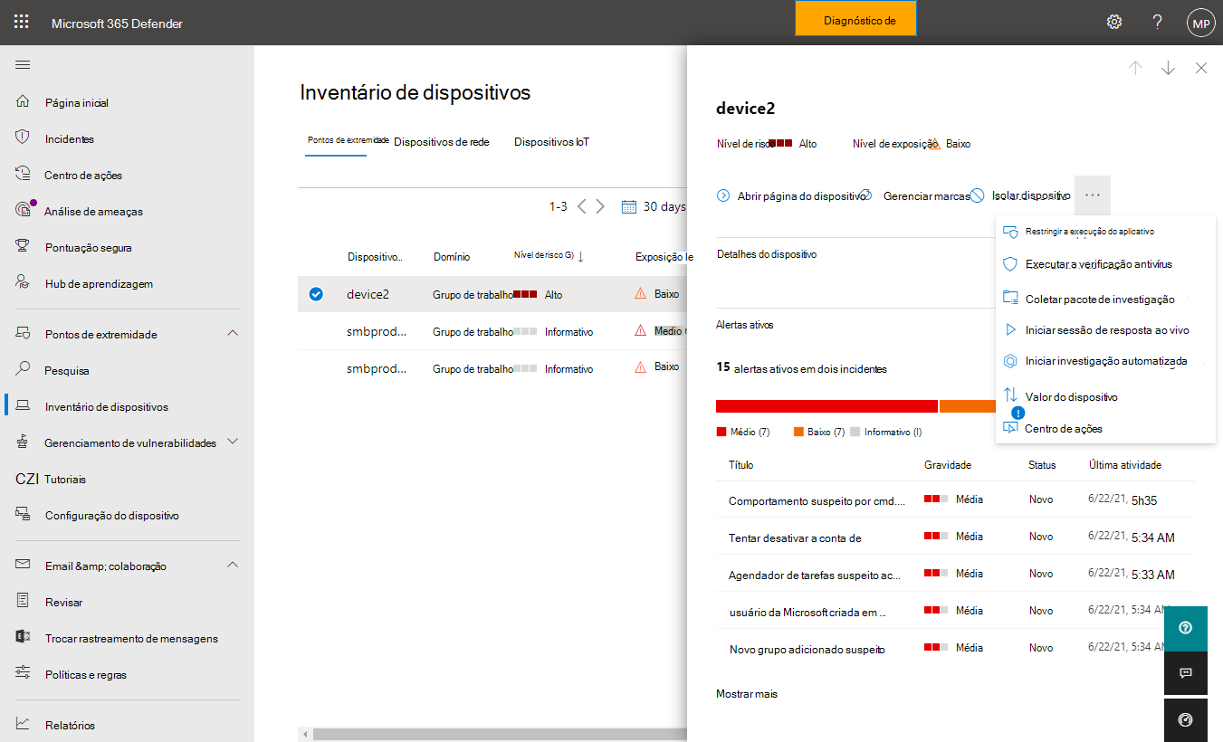 Captura de tela das ações disponíveis para um dispositivo selecionado