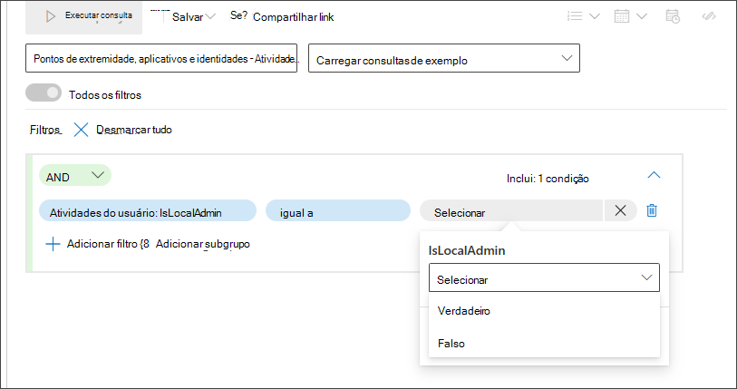 Captura de tela dos valores boolianos como terceira condição