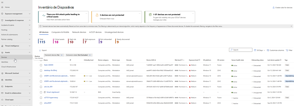 Captura de ecrã da página Inventário de dispositivos no portal Microsoft Defender.