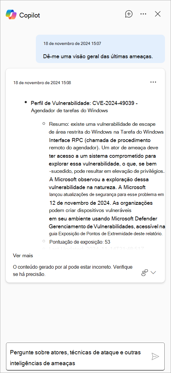 Captura de ecrã que mostra a resposta gerada pelo Copilot no Defender.