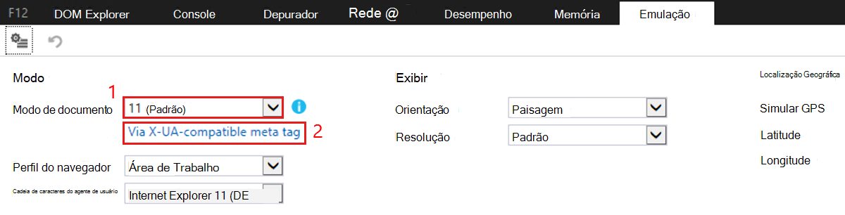 Separador Emulação na vista DevTools