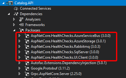 Captura de tela dos pacotes NuGet AspNetCore.Diagnostics.HealthChecks.