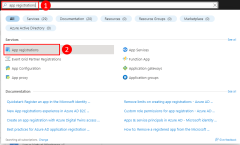 Uma captura de tela mostrando como usar a barra de pesquisa superior no portal do Azure para localizar e navegar até a página Registros de aplicativo.