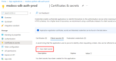 Uma captura de tela mostrando o local do link a ser usado para criar um novo segredo do cliente na página de certificados e segredos.