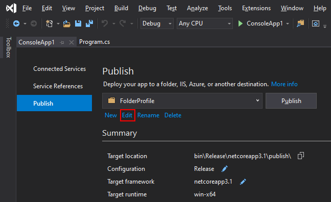 Captura de tela mostrando o perfil de publicação do Visual Studio com o botão Editar realçado.