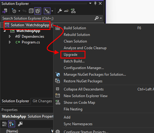 A janela Gerenciador de Soluções no Visual Studio, mostrando o menu de clique com o botão direito do mouse da solução. O item de menu Atualizar é realçado.