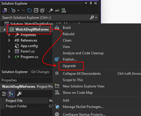 A janela Gerenciador de Soluções no Visual Studio, mostrando o menu de clique com o botão direito do mouse de um projeto. O item de menu Atualizar é realçado.