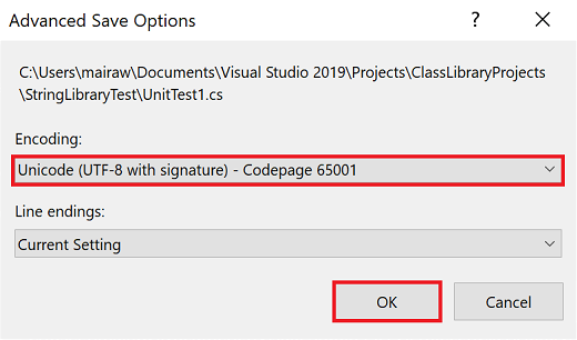 Caixa de diálogo Opções Avançadas de Salvamento do Visual Studio