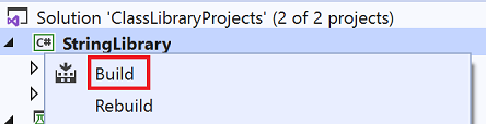 Menu de contexto de StringLibrary com comando de build
