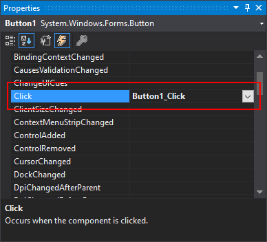 Painel de propriedades do Visual Studio mostrado com o modo de eventos habilitado e o evento click.