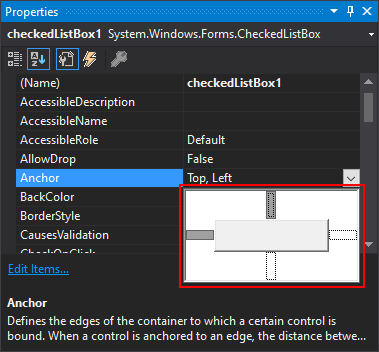 Painel Propriedades do Visual Studio para .NET Windows Forms com a propriedade Anchor expandida.