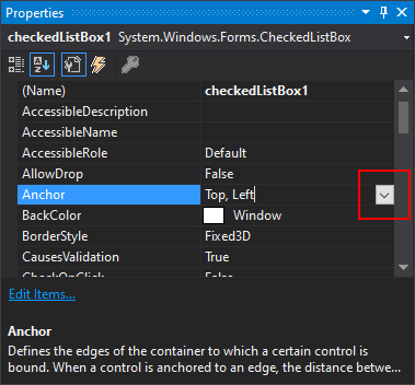 Painel Propriedades do Visual Studio para .NET Windows Forms com a propriedade Anchor mostrada.