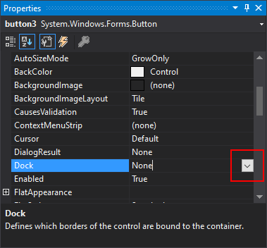 Painel Propriedades do Visual Studio para .NET Windows Forms com a propriedade Dock mostrada.