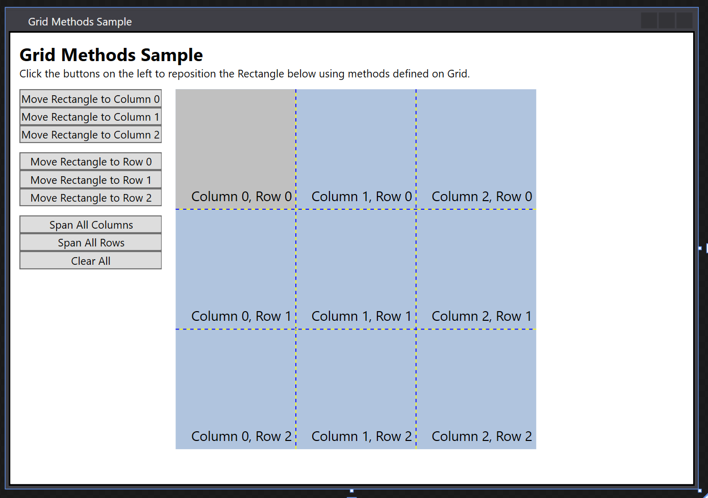 uma captura de tela ilustra uma interface do usuário do WPF com duas colunas, o lado direito tem uma grade 3 x 3 e a esquerda tem botões para mover um retângulo colorido entre as colunas e linhas da grade