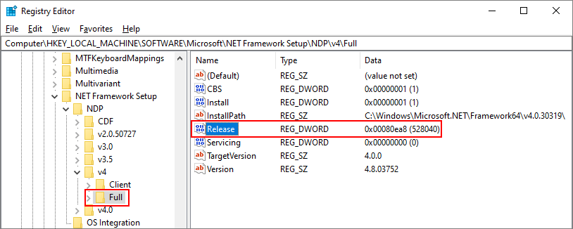 Entrada do registro para .NET Framework 4.5