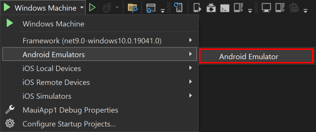Selecione o destino de depuração do Android Emulator para .NET MAUI.