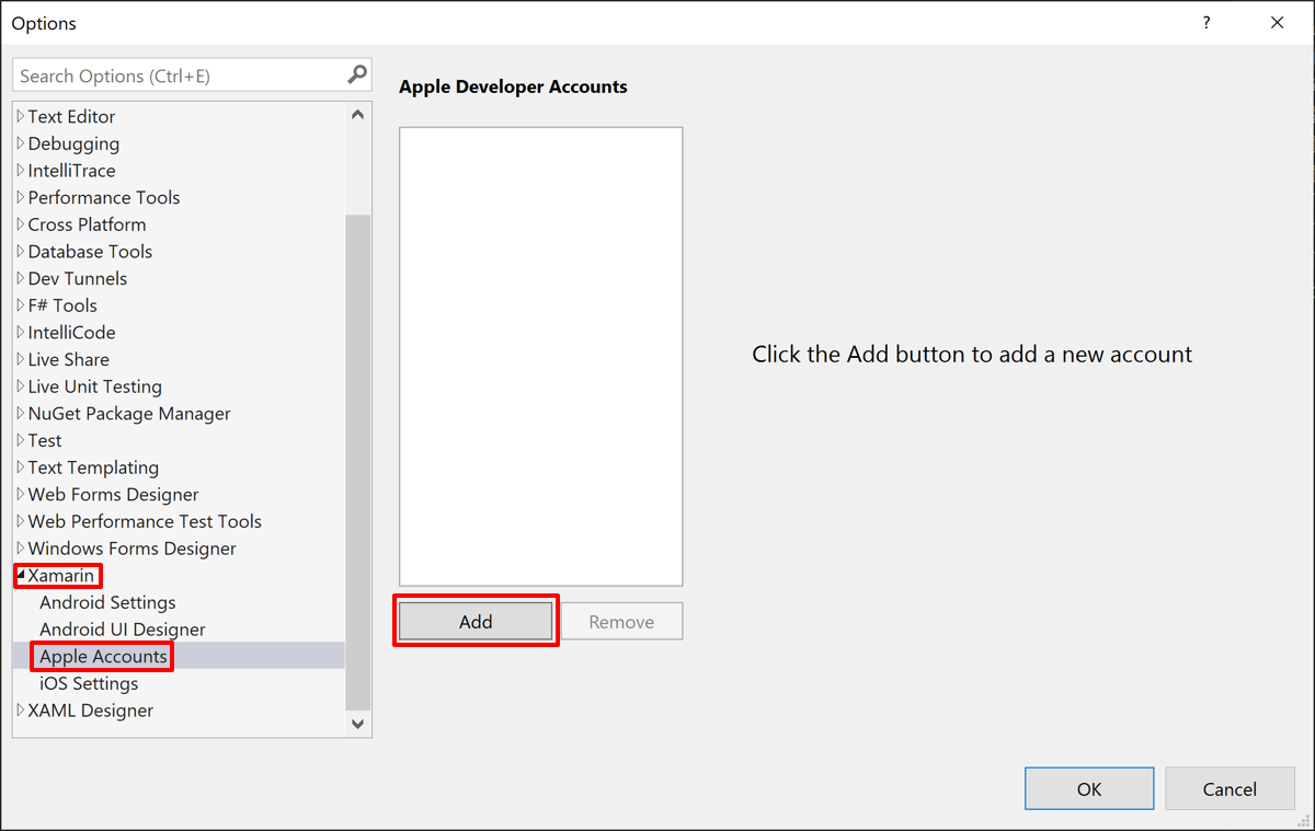 Adicionar uma conta de desenvolvedor da Apple ao Visual Studio.