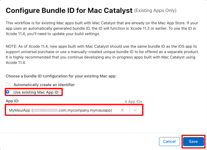 Configure o ID do pacote do Mac Catalyst.