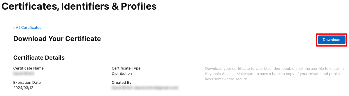 Baixe seu certificado de distribuição da Apple.