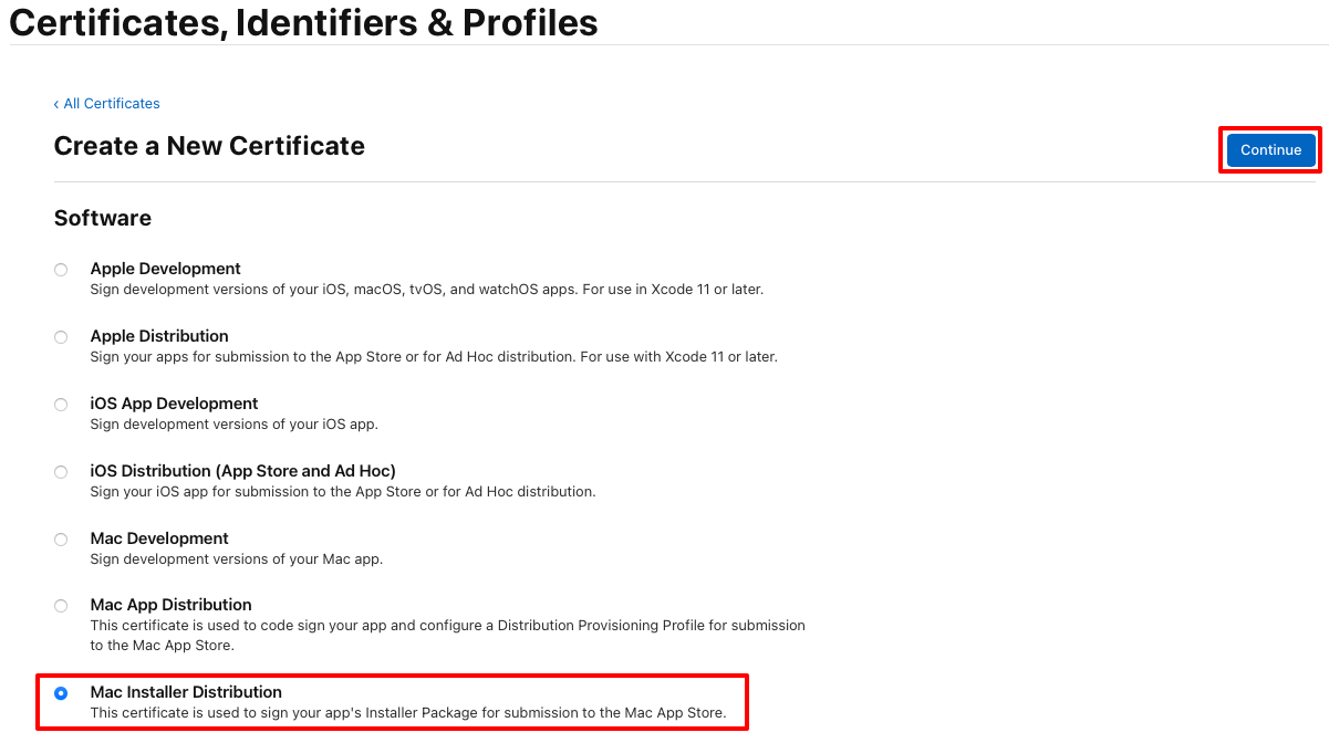 Crie um certificado de distribuição do instalador Mac.