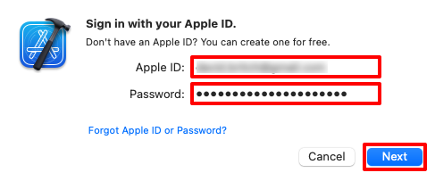 Entrada da conta Apple no Xcode