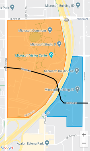 Polígono e polilinha em um mapa.