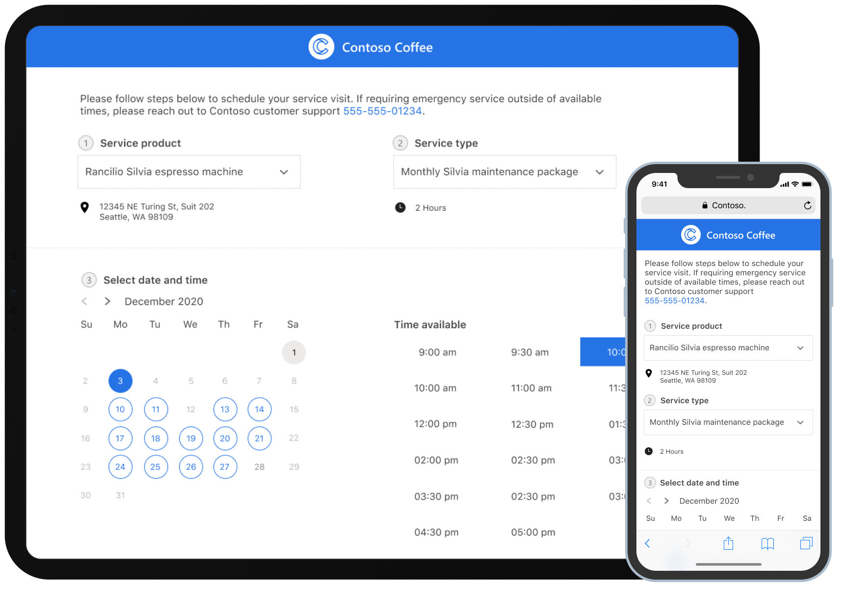 Exibição de agendamento de autoatendimento em um tablet e um dispositivo móvel