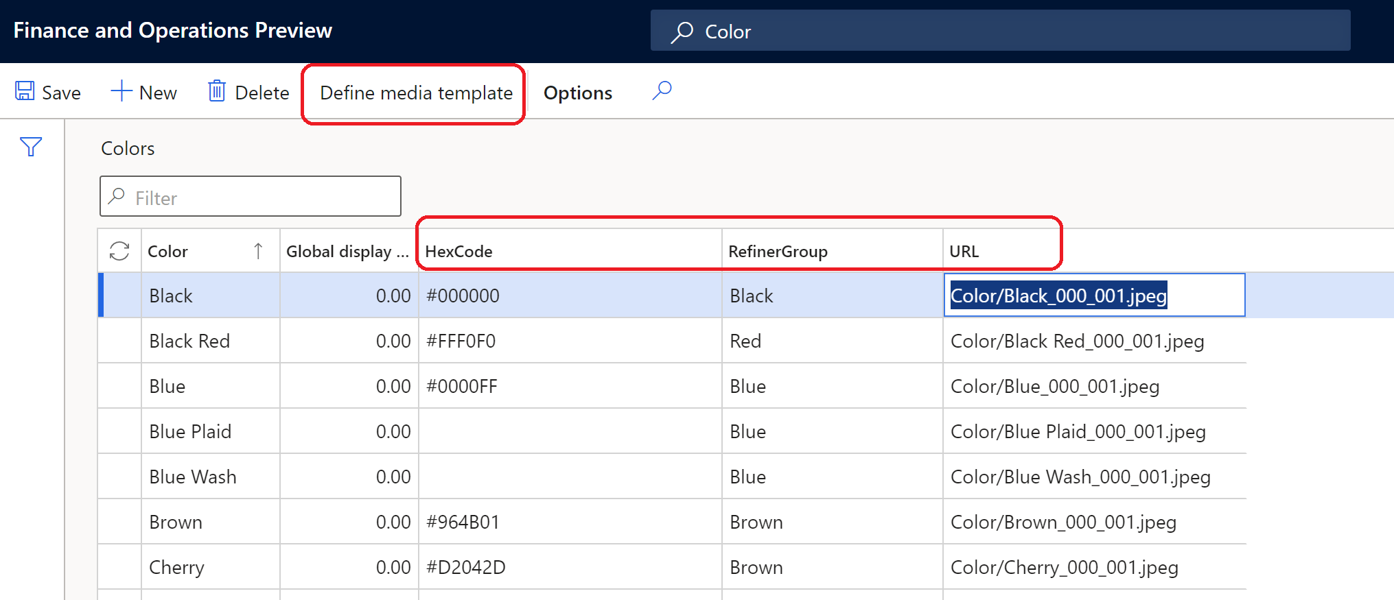 Exemplo de configuração de dimensão na página Cores.