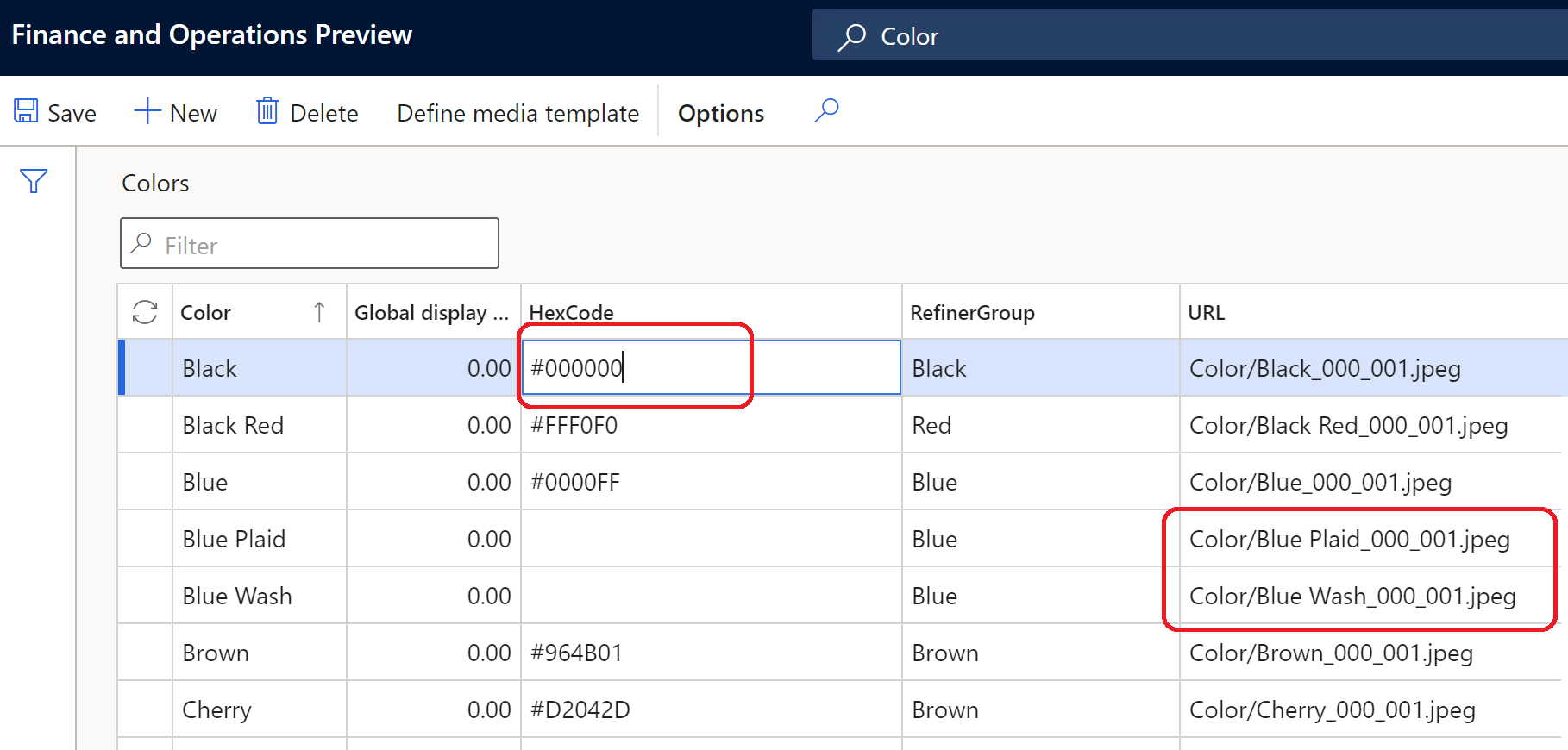 Exemplo de configuração de dimensão que usa URLs de imagem e códigos hexadecimais.