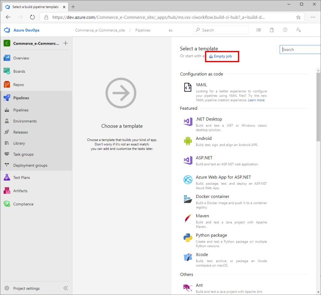 Azure DevOps "Choose a template" page with "Empty job" link highlighted